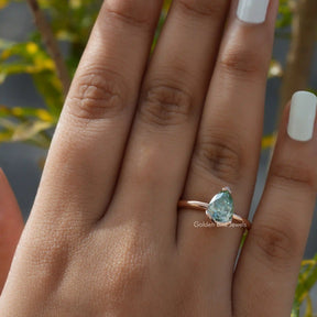 Green Pear Cut Moissanite Solitaire Ring In Yellow Gold