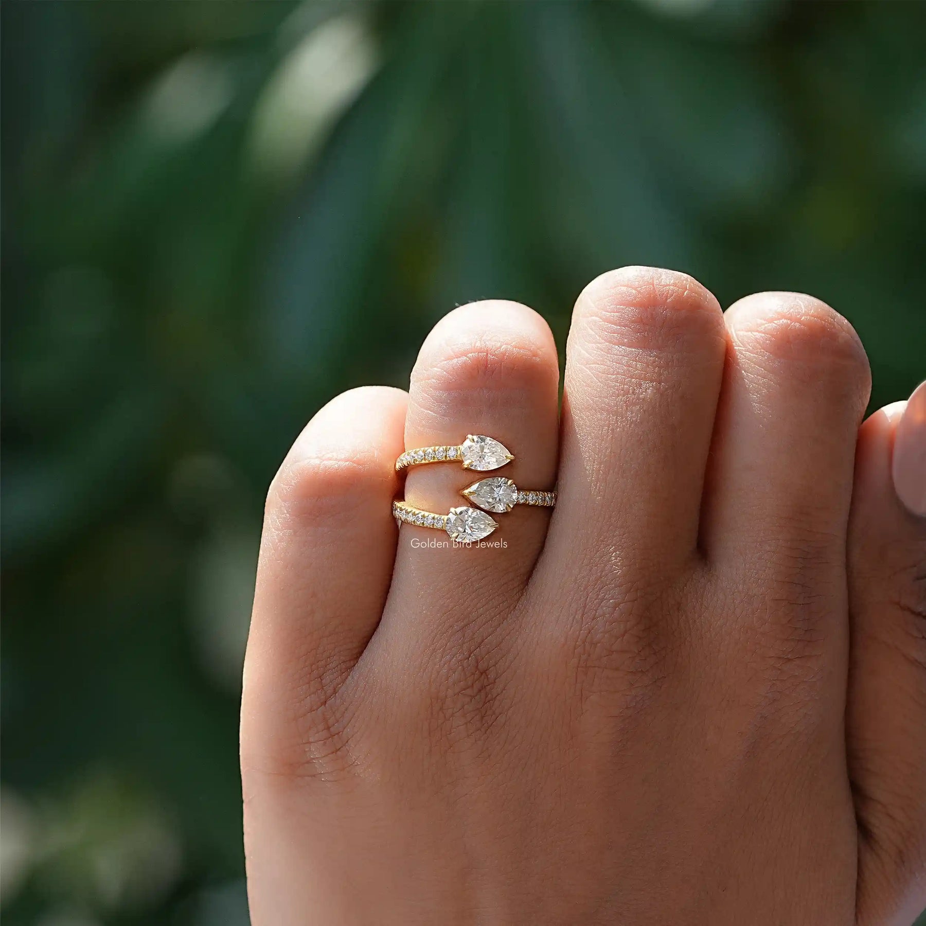 [Colorless Pear Shaped Moissanite Open Cuff Wedding Band]-[Golden Bird Jewels]