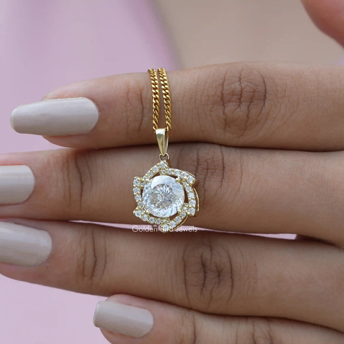 View of Portuguese cut moissanite solitaire pendant 