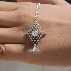 Front view of moissanite Portuguese cut moissanite geometric pendant