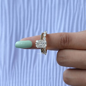 In finger front View of Radiant Cut Engagement Ring Set In Yellow Gold