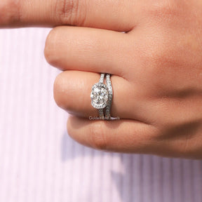 Round Cut Halo Bridal Ring Set In finger
