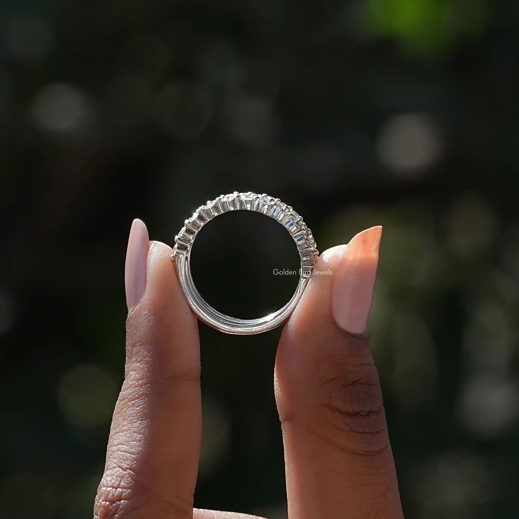 [White Gold Round Cut Moissanite Stackable Eternity Band]-[Golden Bird Jewels]