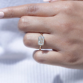 View of Radiant Cut Moissanite Solitaire Ring in prongs setting 