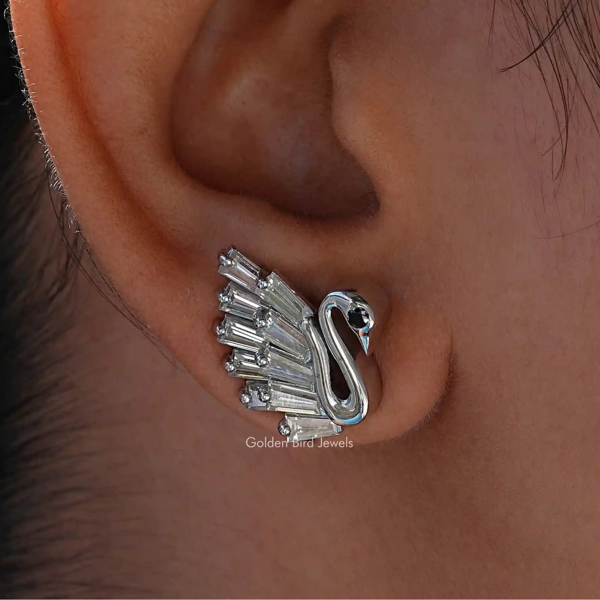 [Moissanite Tapered Baguette Cut Swan Earrings]-[Golden Bird Jewels]