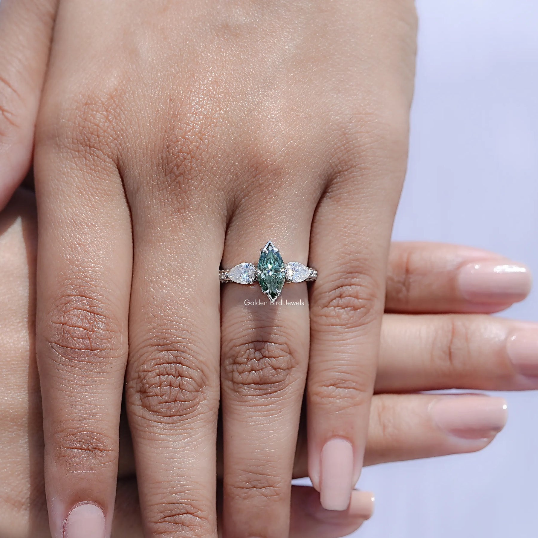 Blue Marquise Cut Moissanite Three Stone Ring