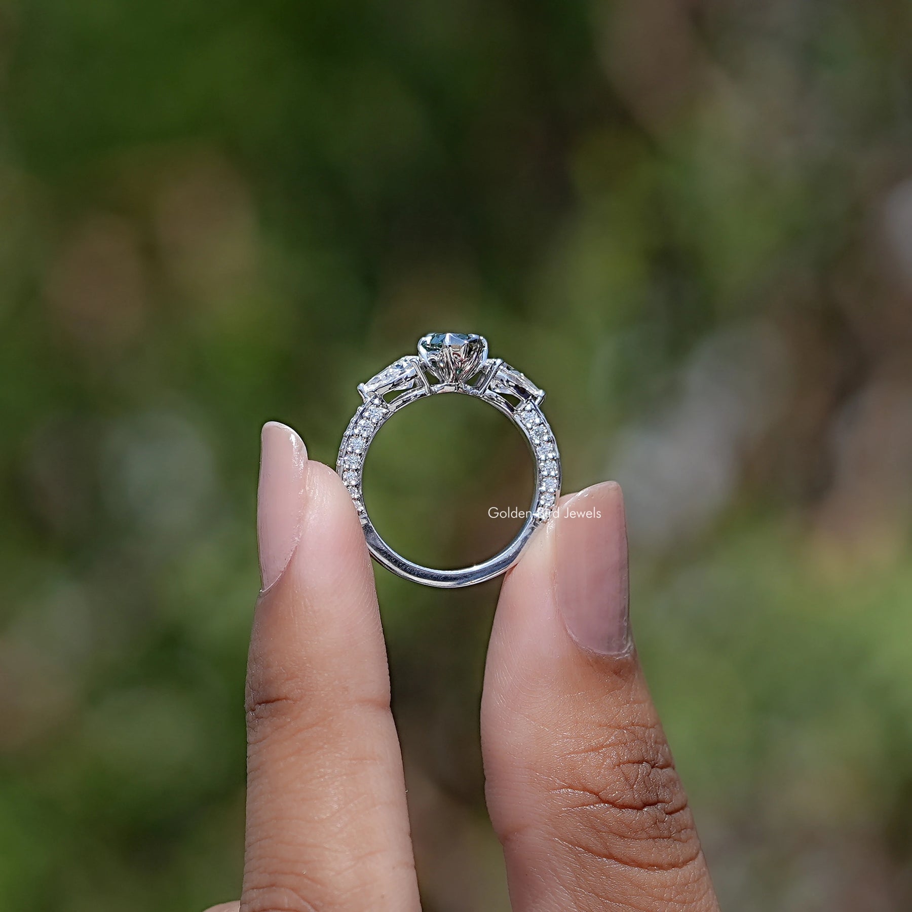 Blue Marquise Cut Moissanite Three Stone Ring