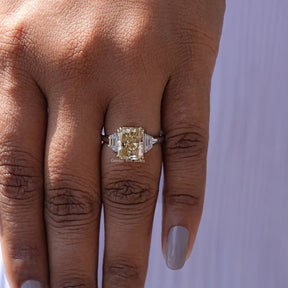 Close-Up View of Radiant And Trapezoid Cut 3 Stone Ring In White Gold