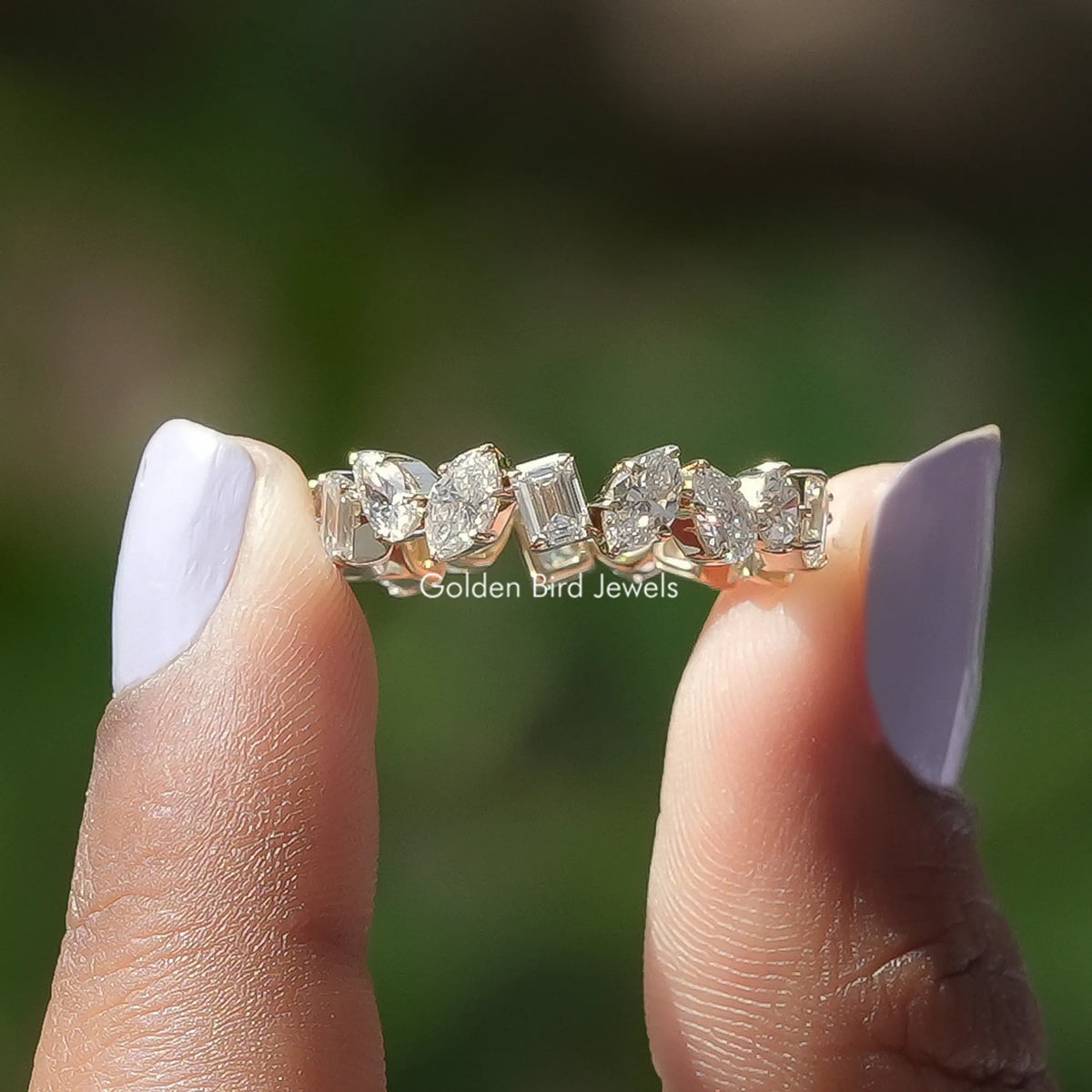 Front View of Marquise And Emerald Cut Multi Shape Eternity Wedding Band In two Fingers