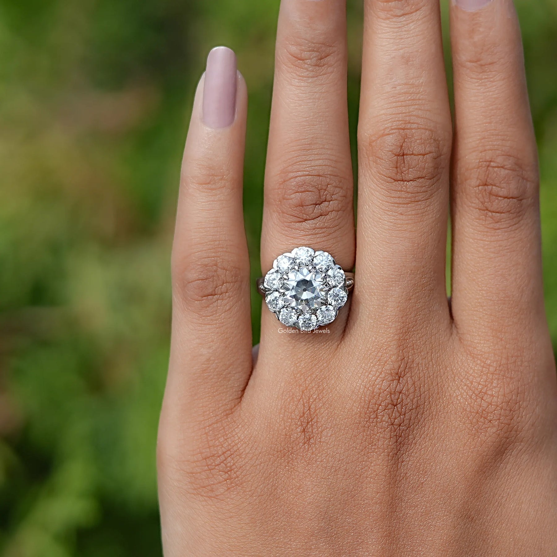 View of Old European Round Cut Moissanite Halo Ring In Finger