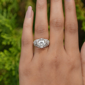 View of Round Cut Moissanite Art Deco Ring In White Gold