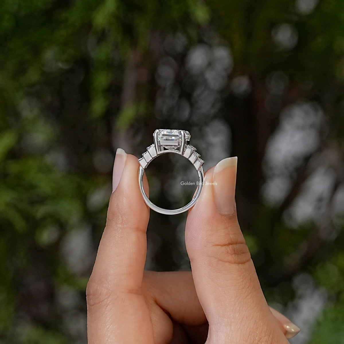 Old Mine Emerald Moissanite Solitaire Accent Ring