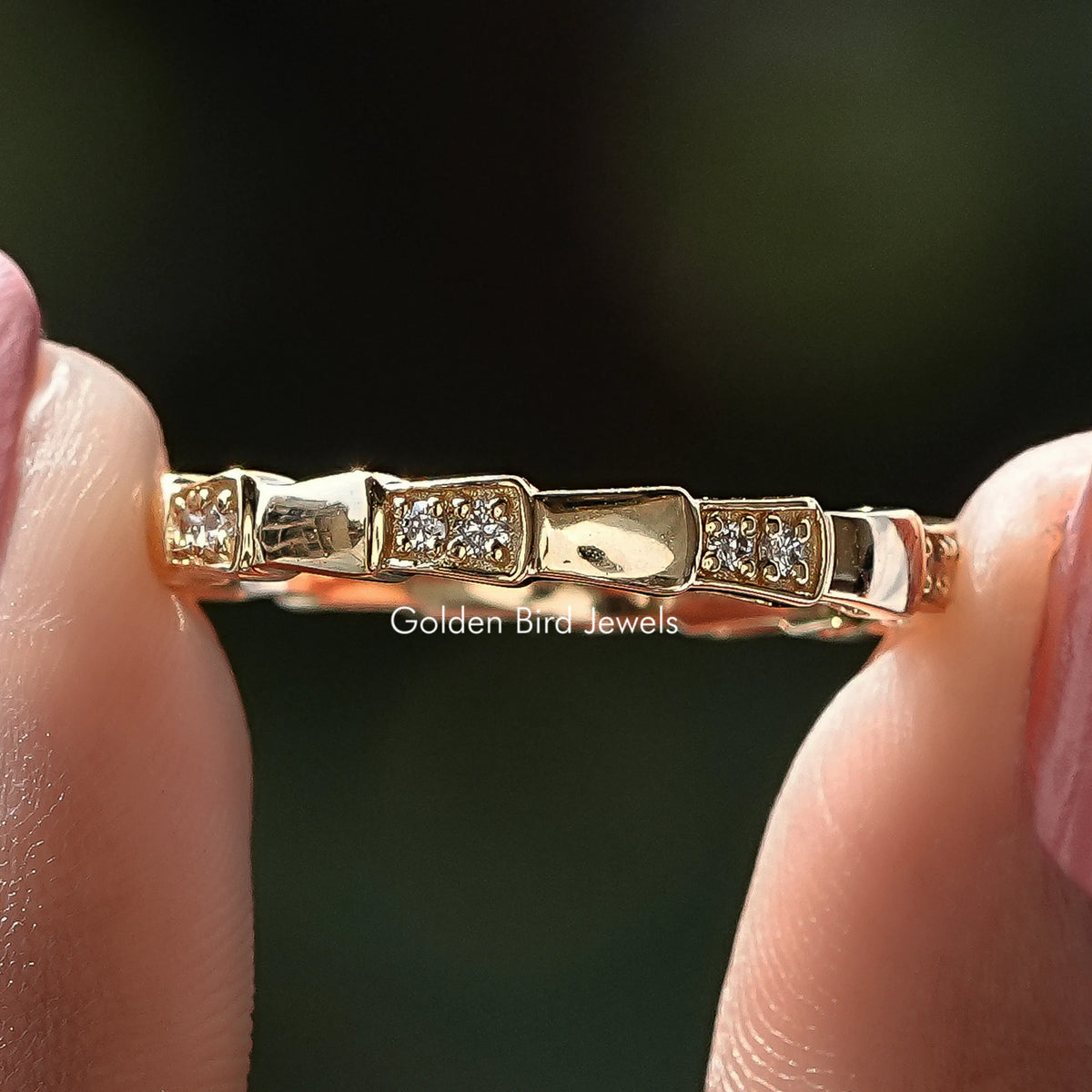 Front view of Round Cut Lab Diamond Full Eternity Band in two fingers 
