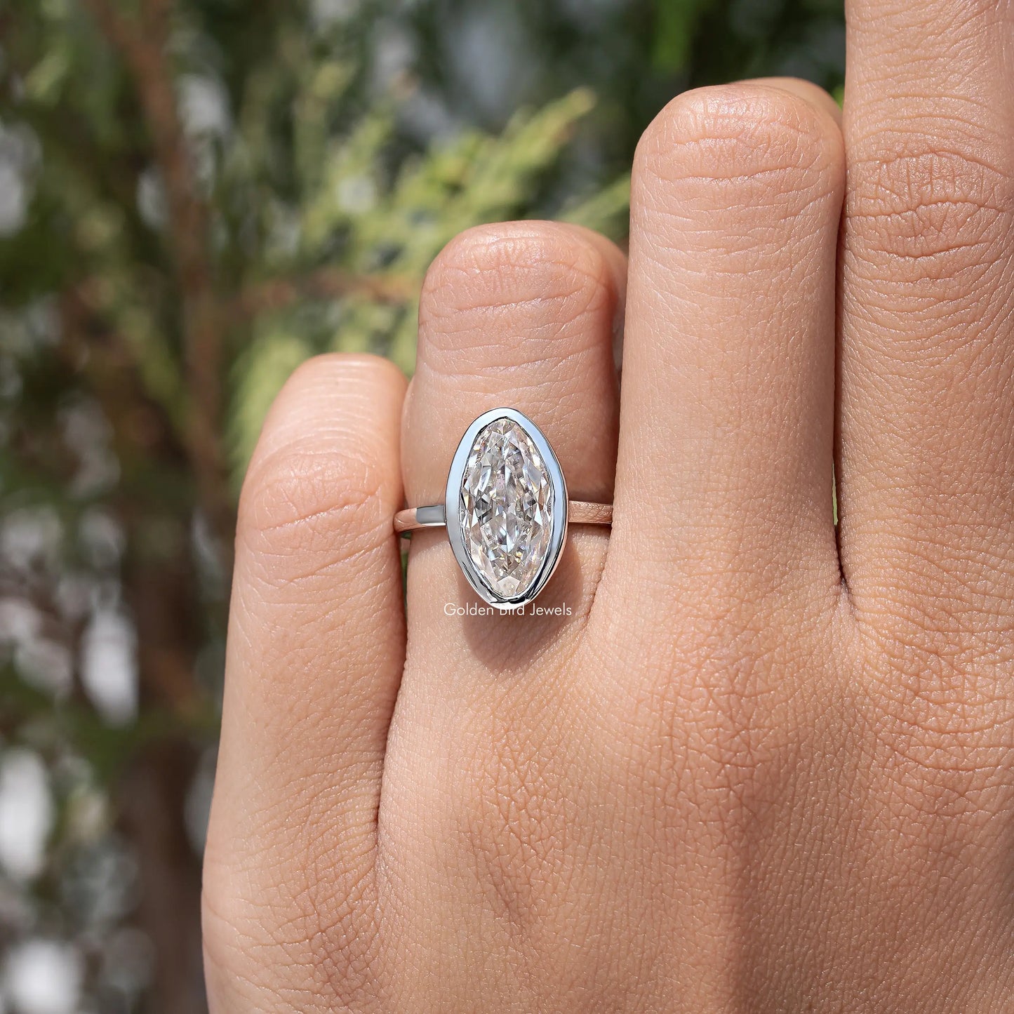 Bezel Set Old Mine Moval Moissanite Solitaire Ring