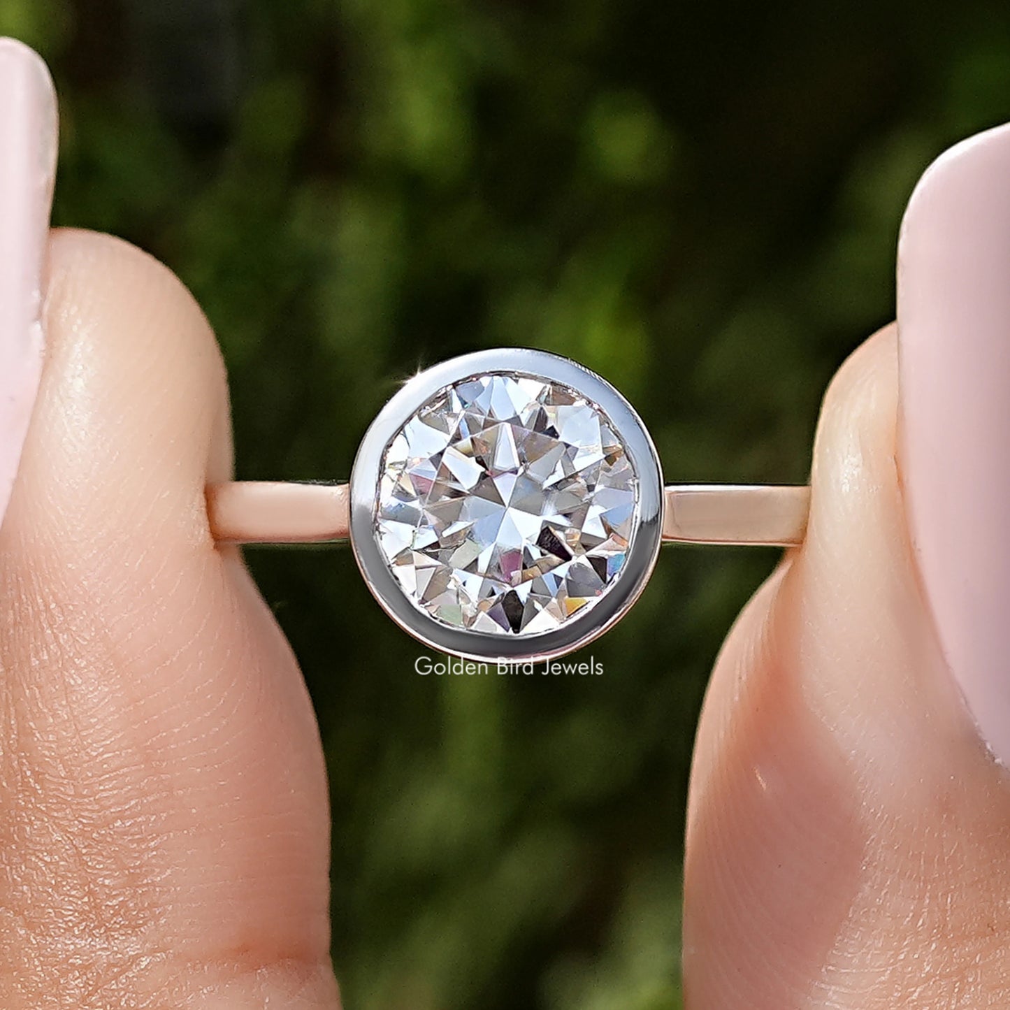 Old European Round Cut Moissanite Bezel Set Wedding Ring