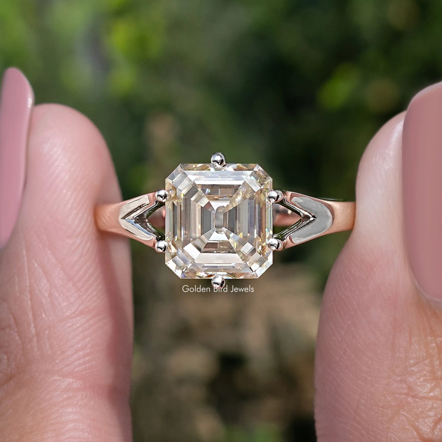 Yellow Moissanite Old Mine Asscher Split Shank Ring