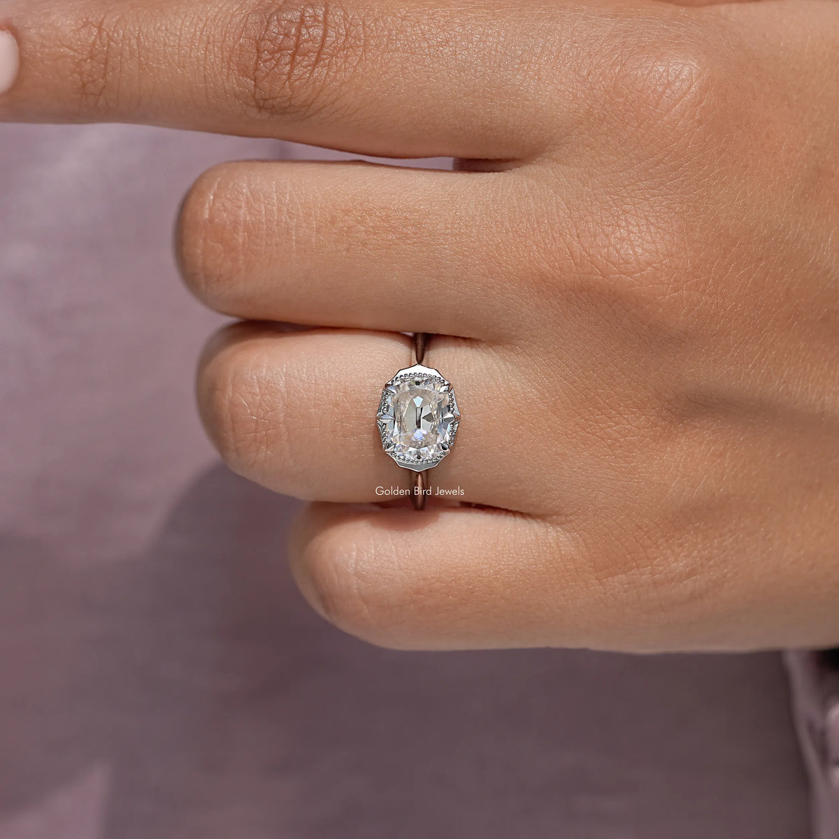 East West Old Mine Cushion Moissanite Solitaire Ring