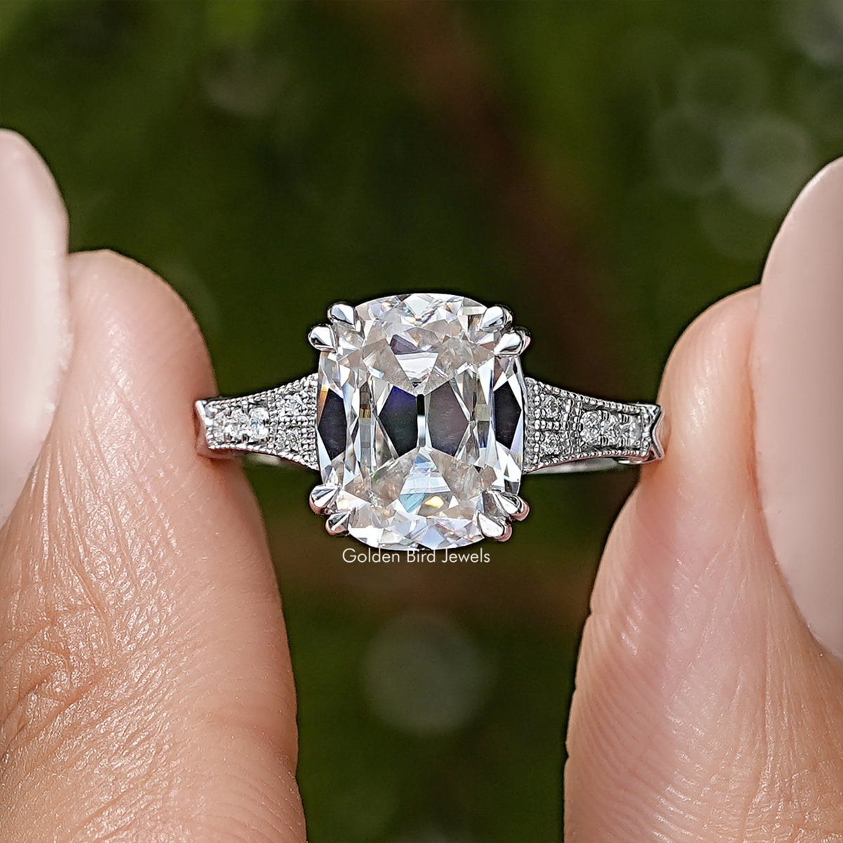 Elongted Old Mine Cushion Solitaire Vintage Ring