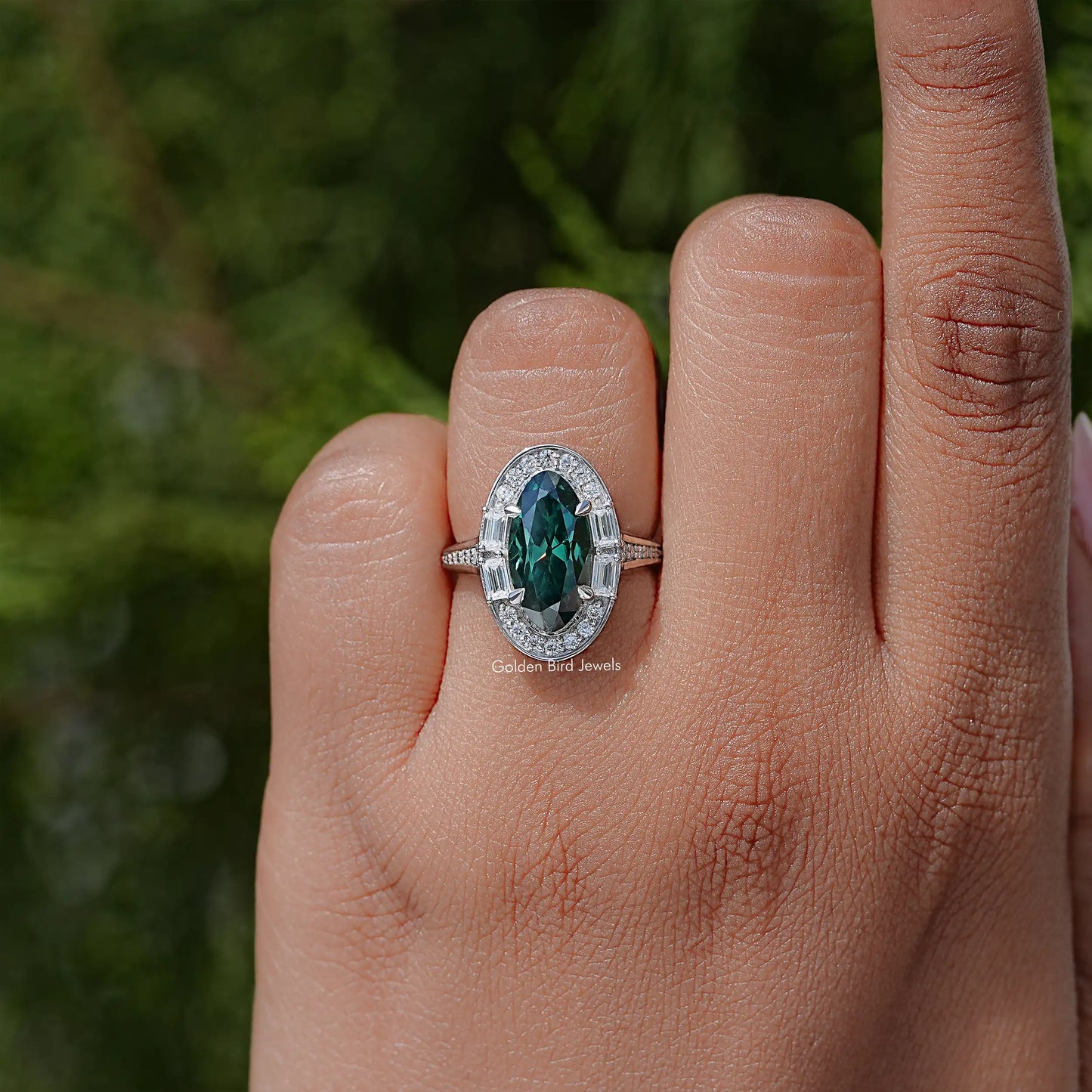 Old Mine Moval Moissanite Gemstone Halo Ring