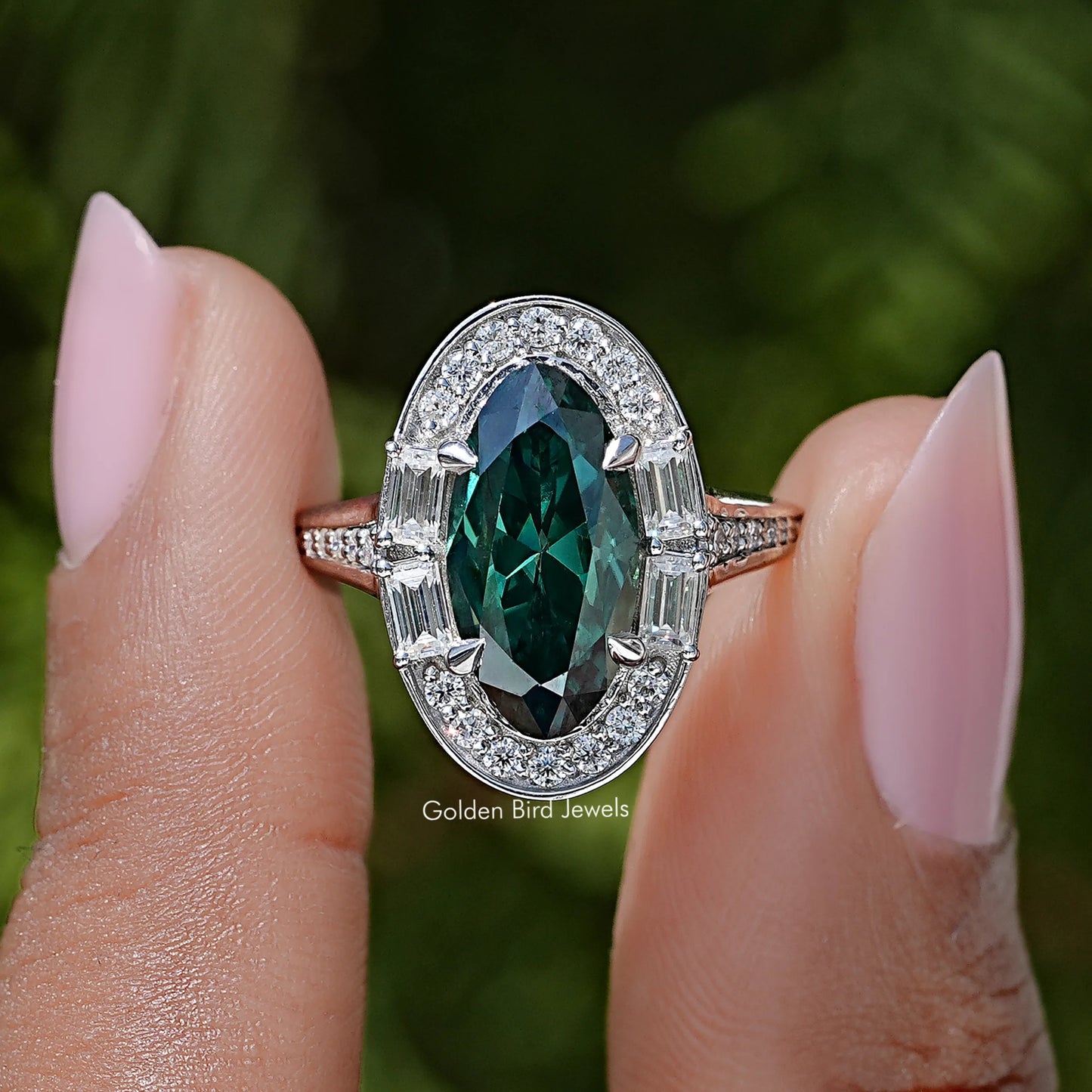 Old Mine Moval Moissanite Gemstone Halo Ring