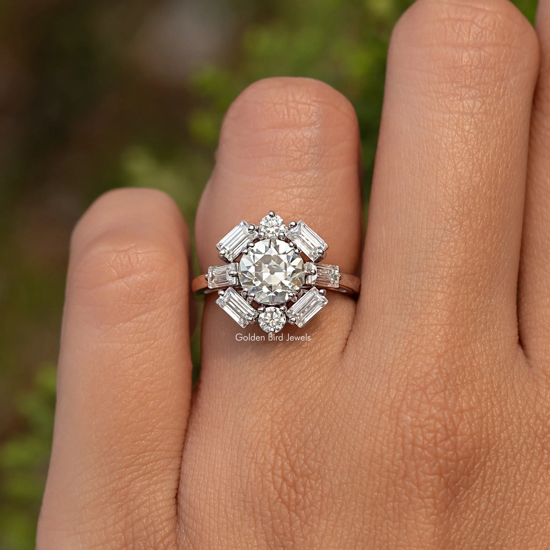 Old European Cut Round With Baguette Moissanite Ring