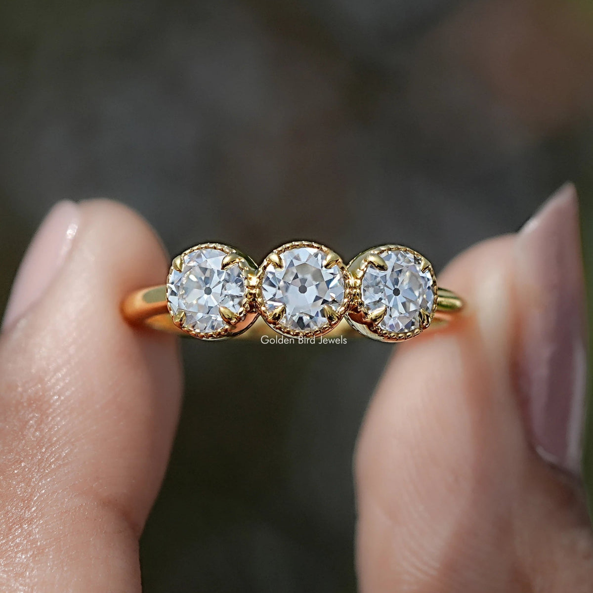 Old European Cut Round Moissanite Three Stone Ring
