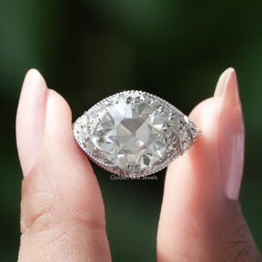 Front View of Old European Round Cut Moissanite Art Deco Ring In two Fingers