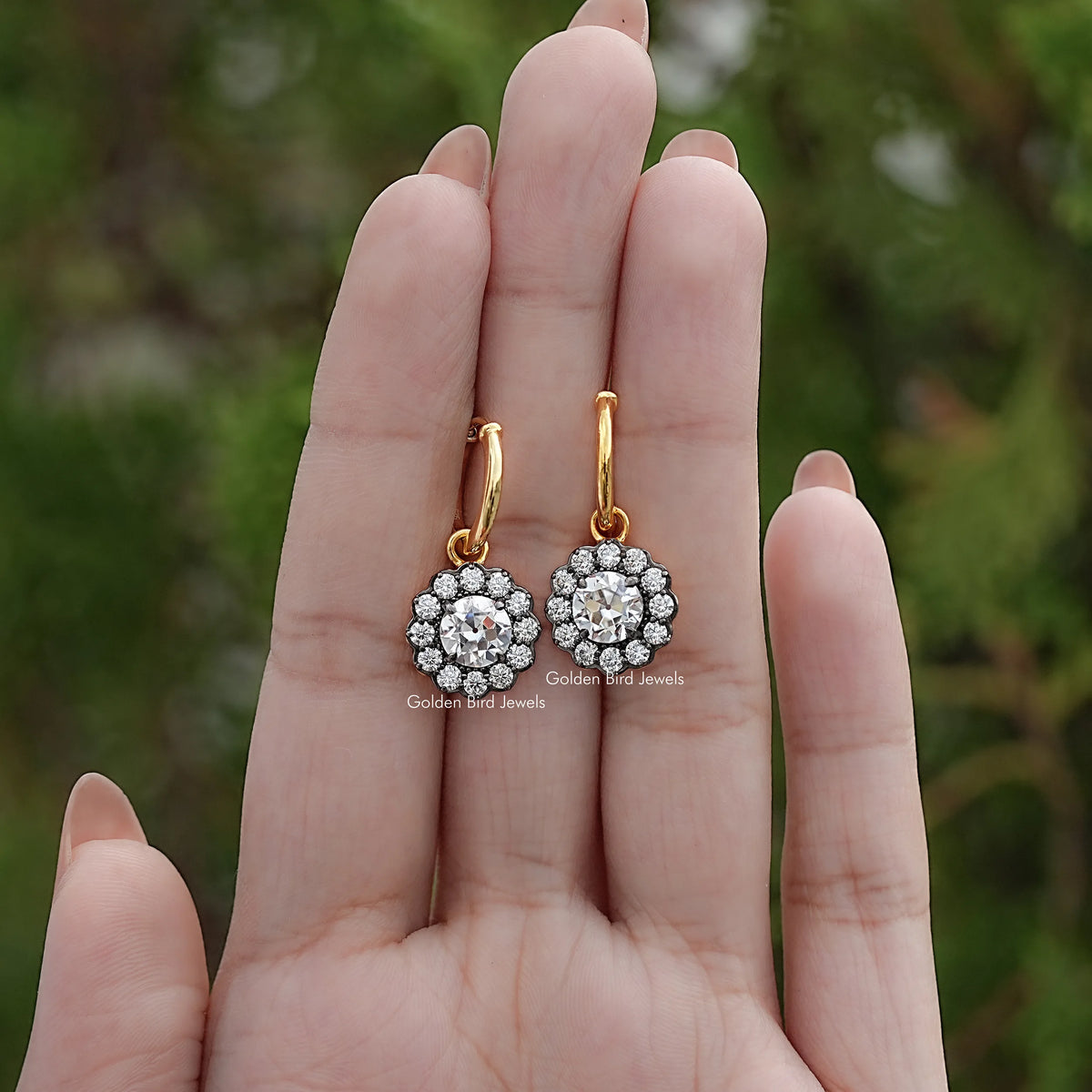 Old European Round Moissanite Halo Dangle Earrings