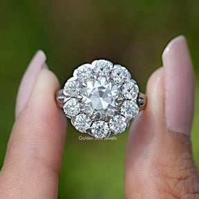 Front View of Old European Round Cut Moissanite Halo Ring In two Fingers