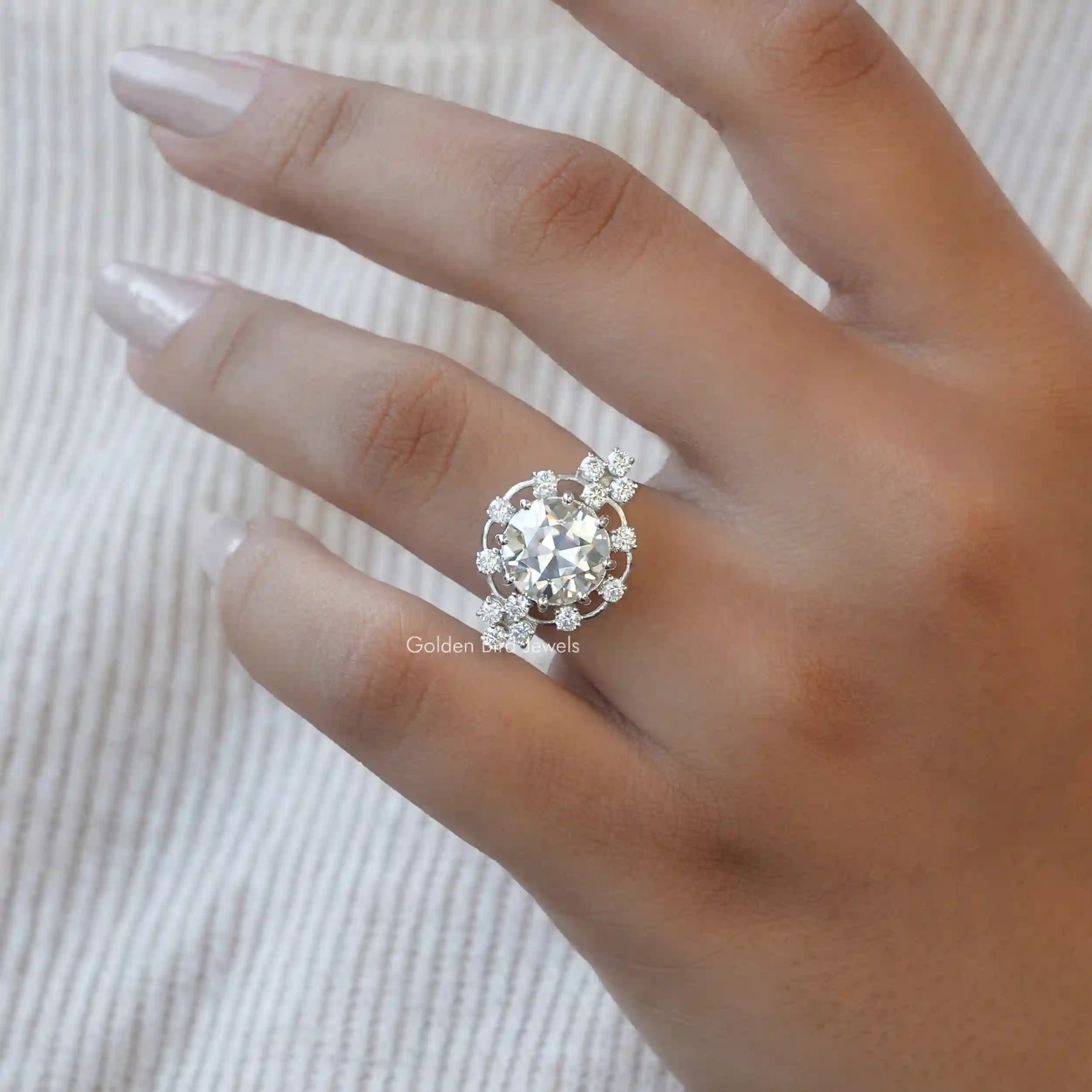 Close-Up View of Old European Round Cut Moissanite Ring In White Gold