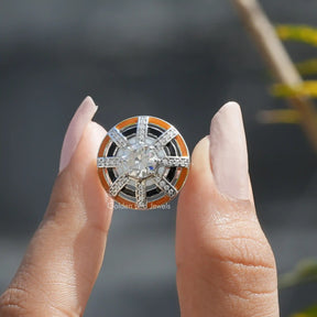 Front View of Old European Round Cut Moissanite Ring In two Fingers