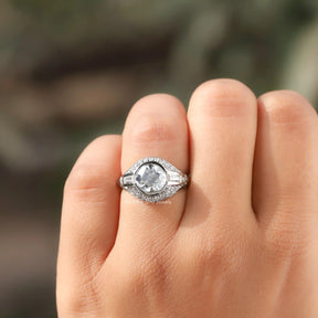 Detailed View of Round Cut Moissanite Vintage Ring In White Gold