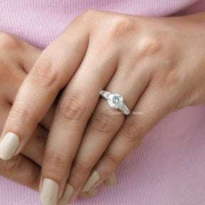 Old European Round Cut Three Stone Engagement Ring In White Gold