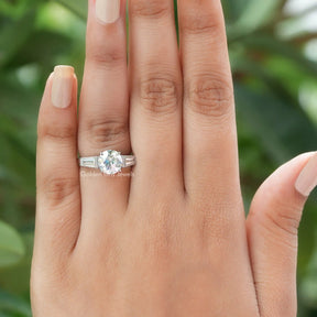 Close-Up View of Round And Tapper Baguette Cut Moissanite Ring In Yellow Gold 