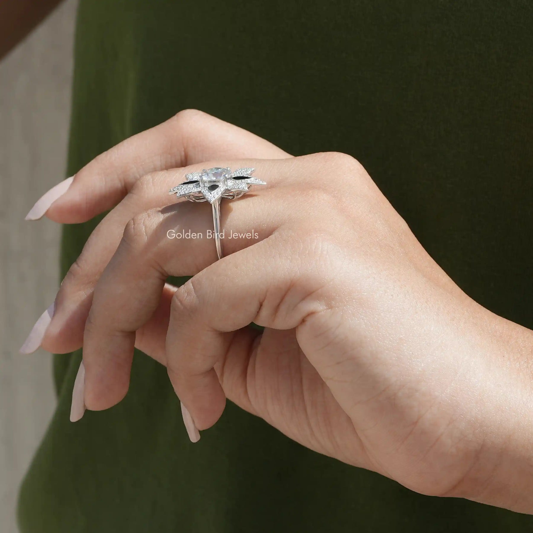 View of Old European Round Cut Moissanite Cathedral Set Ring In Finger