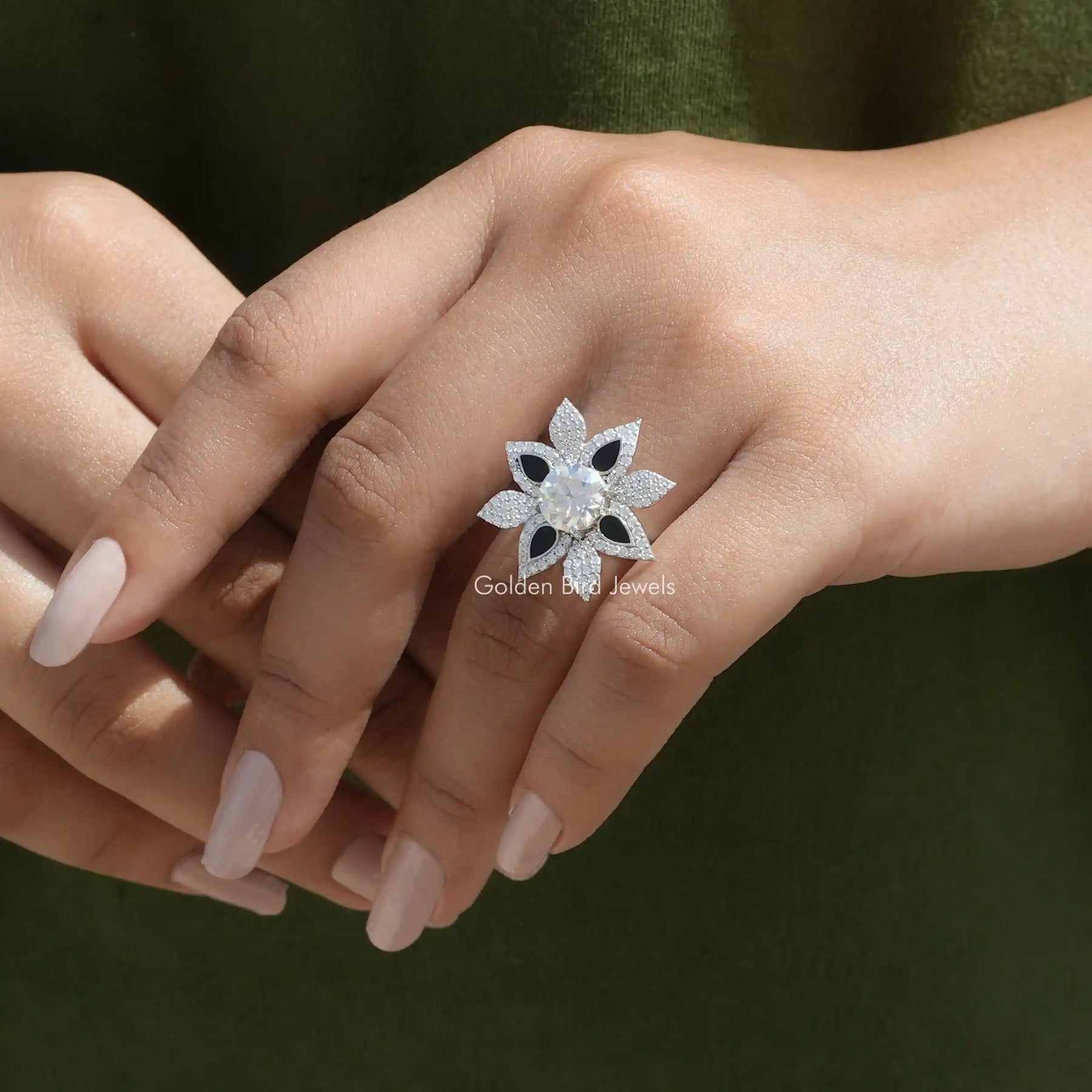 View of Old European Round Cut Moissanite Ring In Finger
