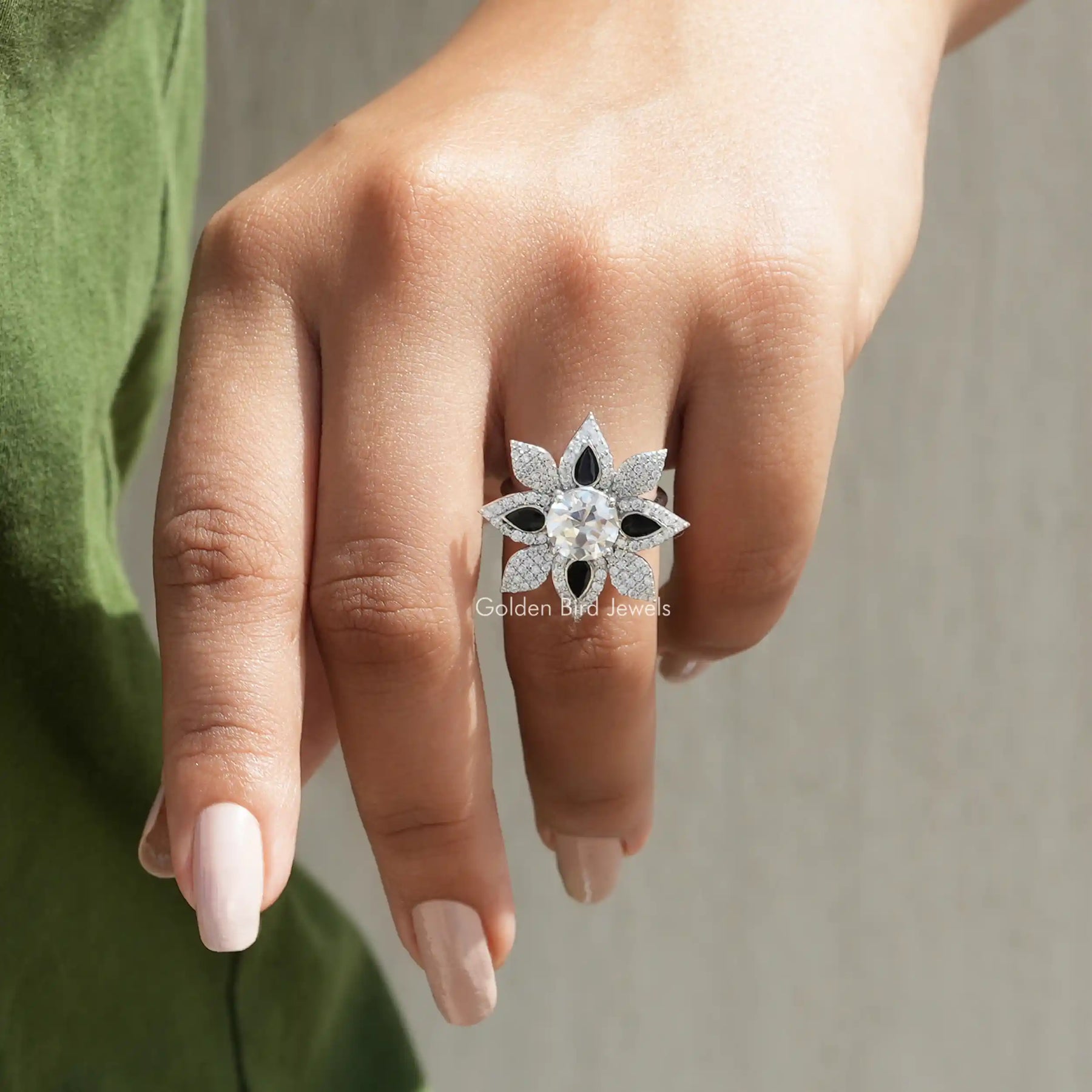 Front View of Old European Round Cut Moissanite Ring In Finger