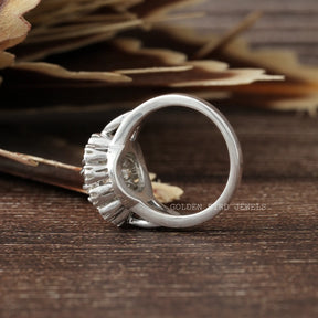 Back View of Round Cut Vintage Style Floral Ring In two fingers