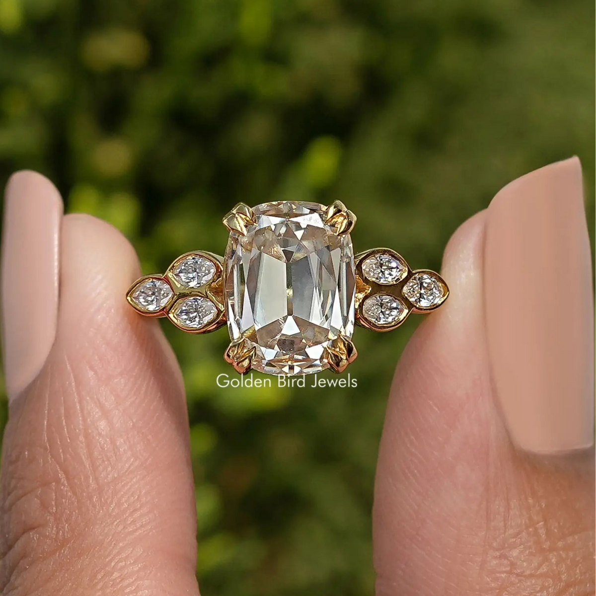 Old Mine Cushion Cut Moissanite Accent Engagement Ring
