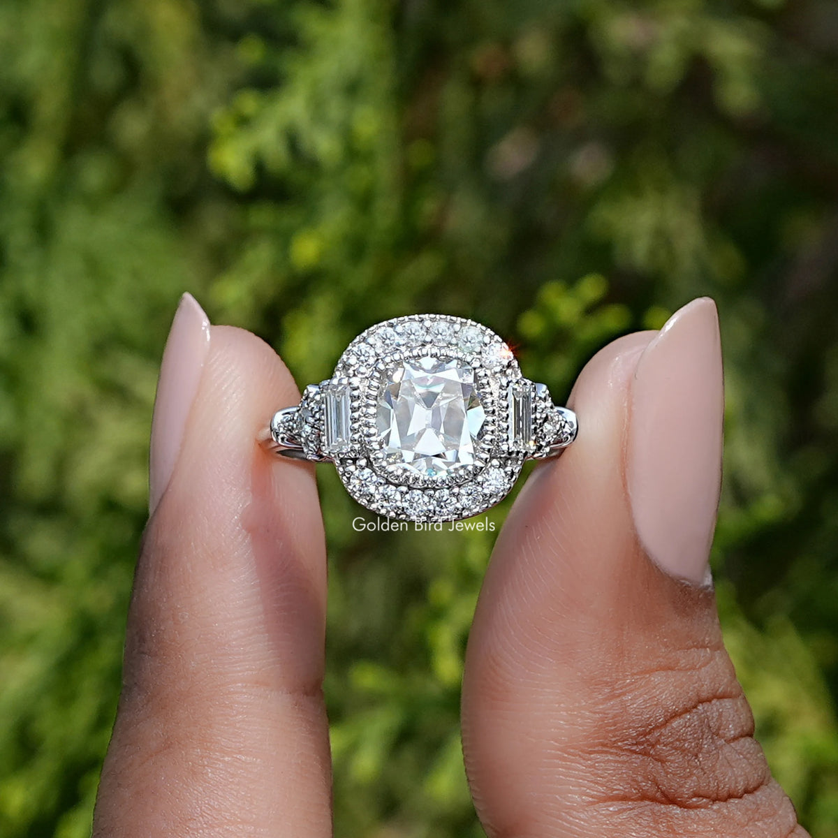 View of old mine cushion cut moissanite halo accent Wedding Ring 
