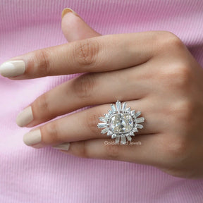 Detailed View Of Old Mine Cushion Cut Moissanite Halo Ring In White Gold