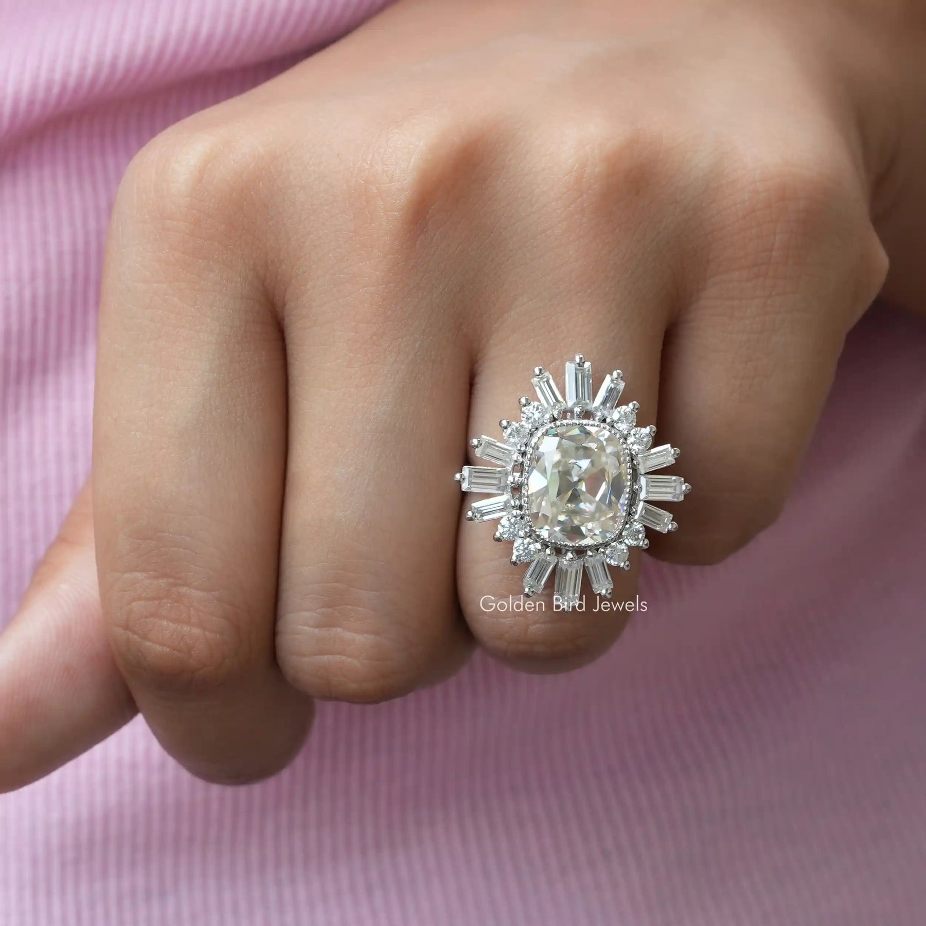 Front View of Old Mine Cushion Cut Moissanite Engagement Ring In White Gold