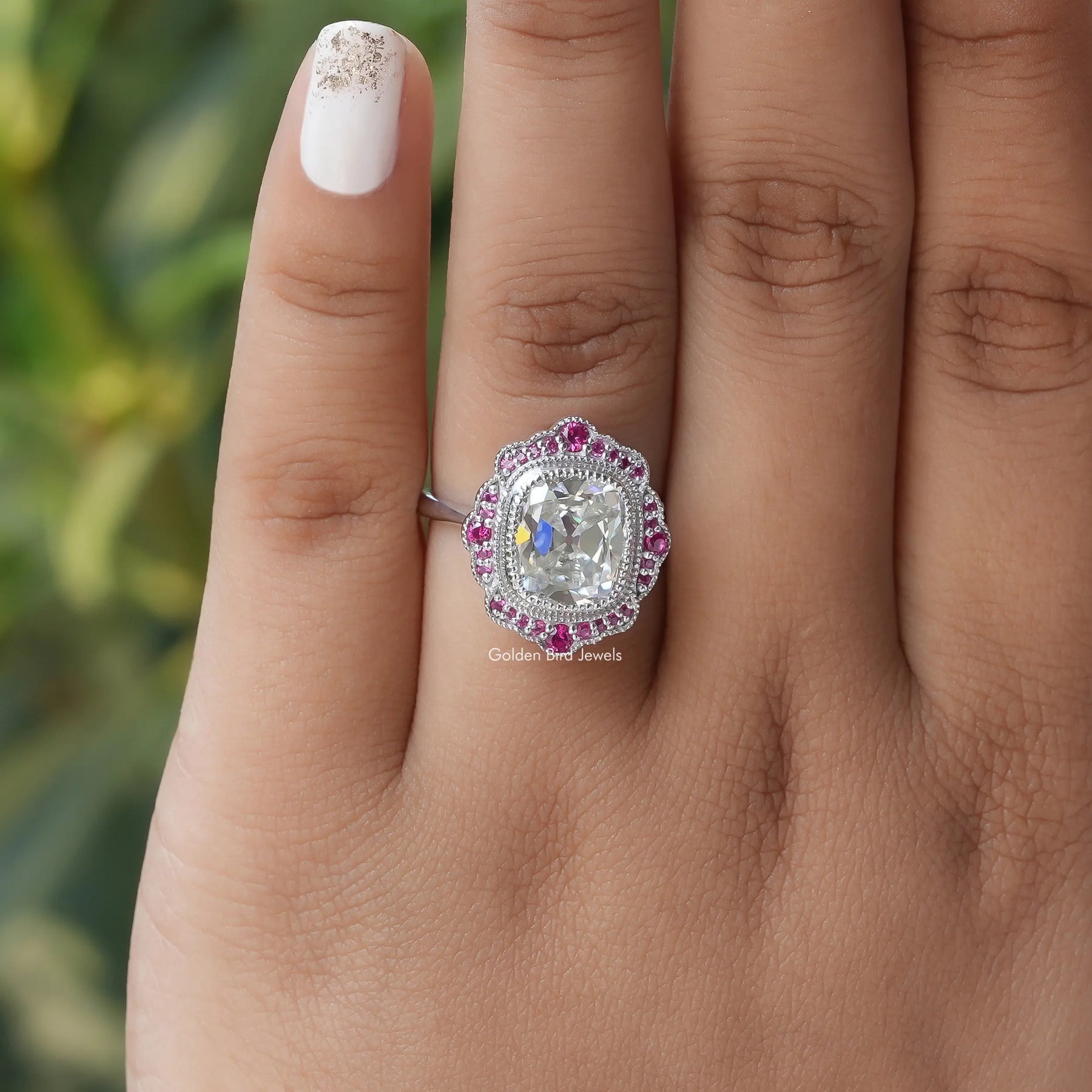View of Cushion Cut Moissanite Halo Ring In finger