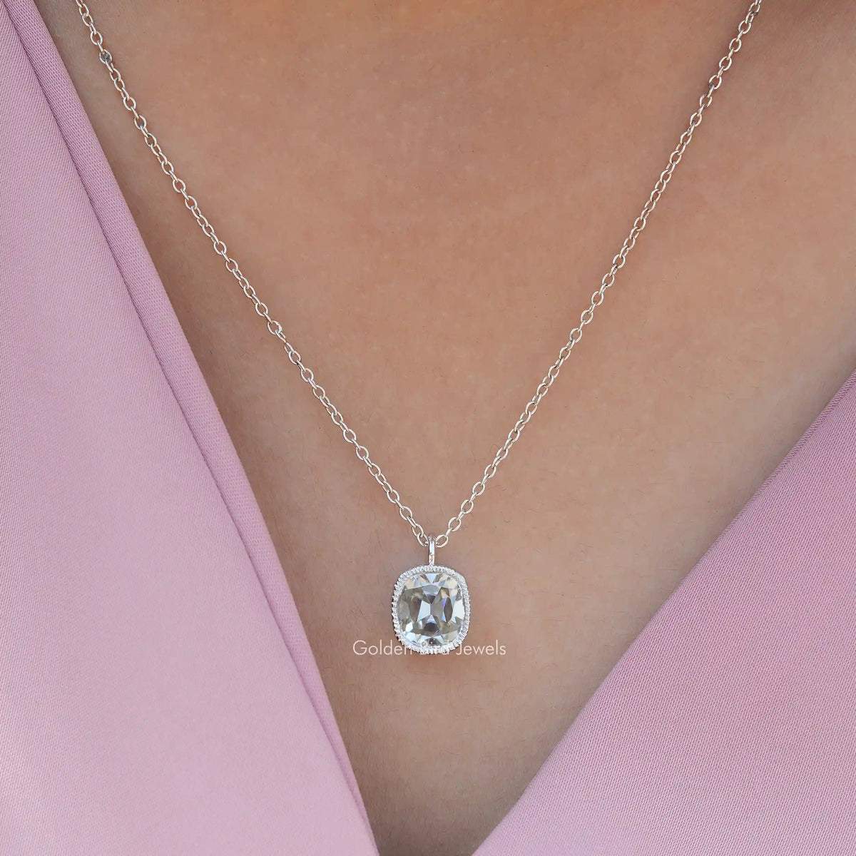 View of cushion cut moissanite solitaire pendant 