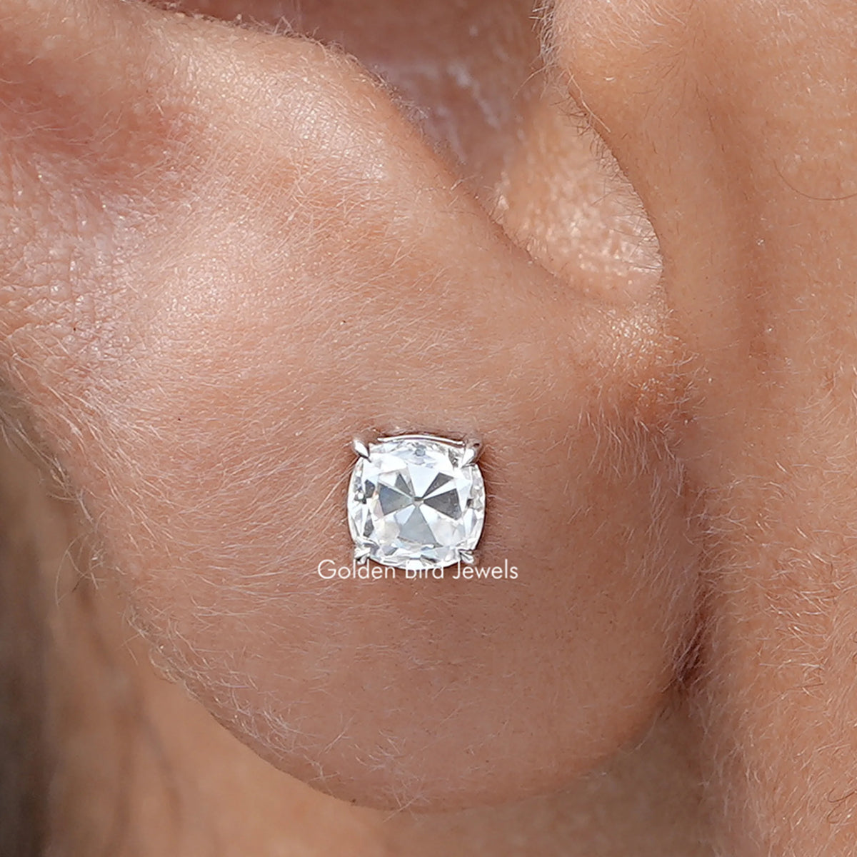 Front view of Old Mine Cushion Cut Moissanite Stud Earrings