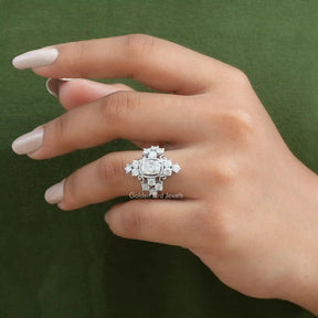 View of Old Mine Cushion Cut Moissanite Engagement Ring In Finger