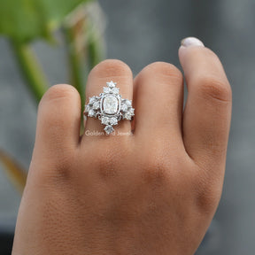 View of Old Mine Cushion Cut Moissanite Engagement Ring In Finger