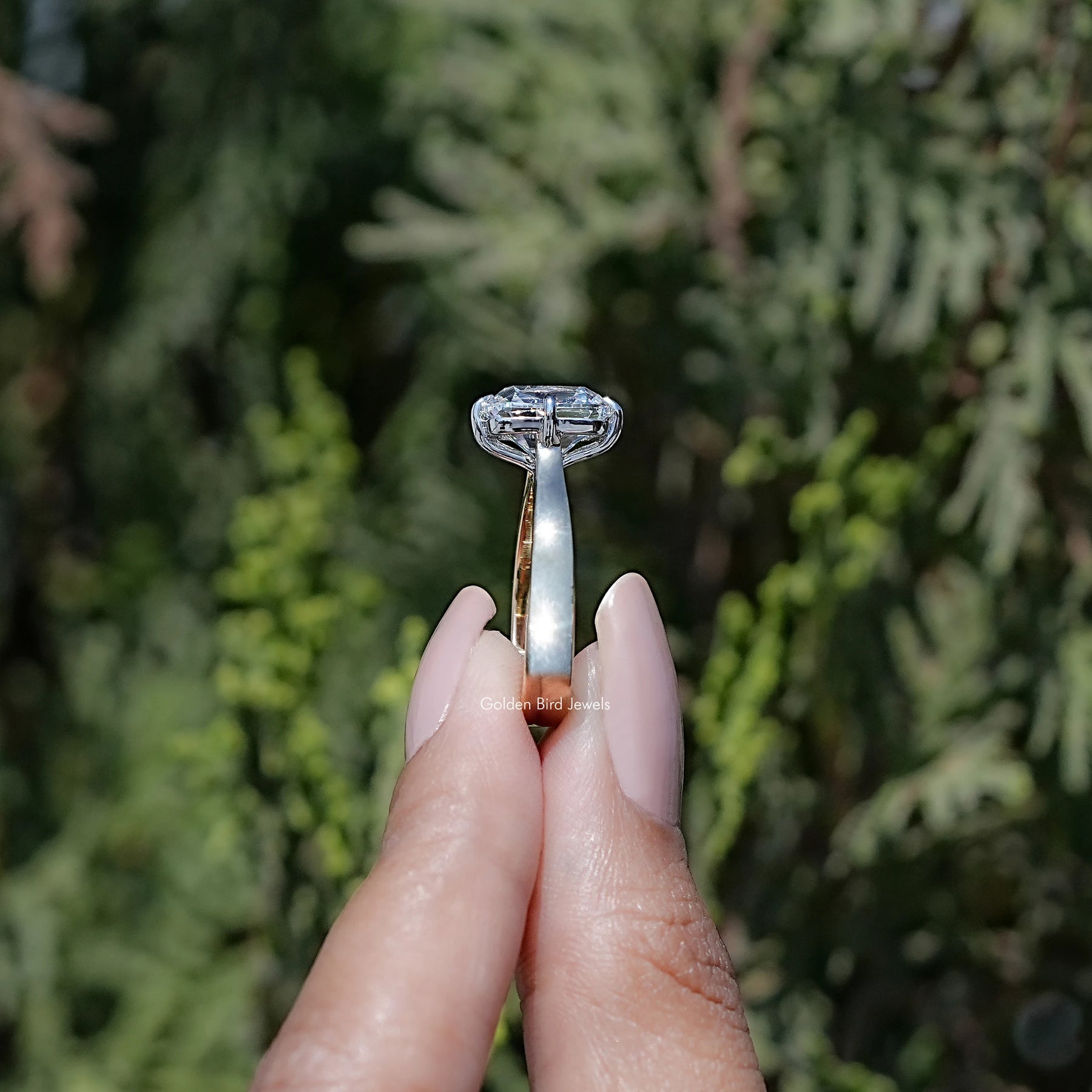 Side View of Old Mine Cushion Lab Diamond Engagement Ring
