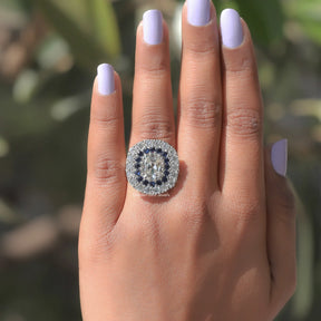Detailed View Of Round Cut Moissanite Double Halo Ring In White Gold