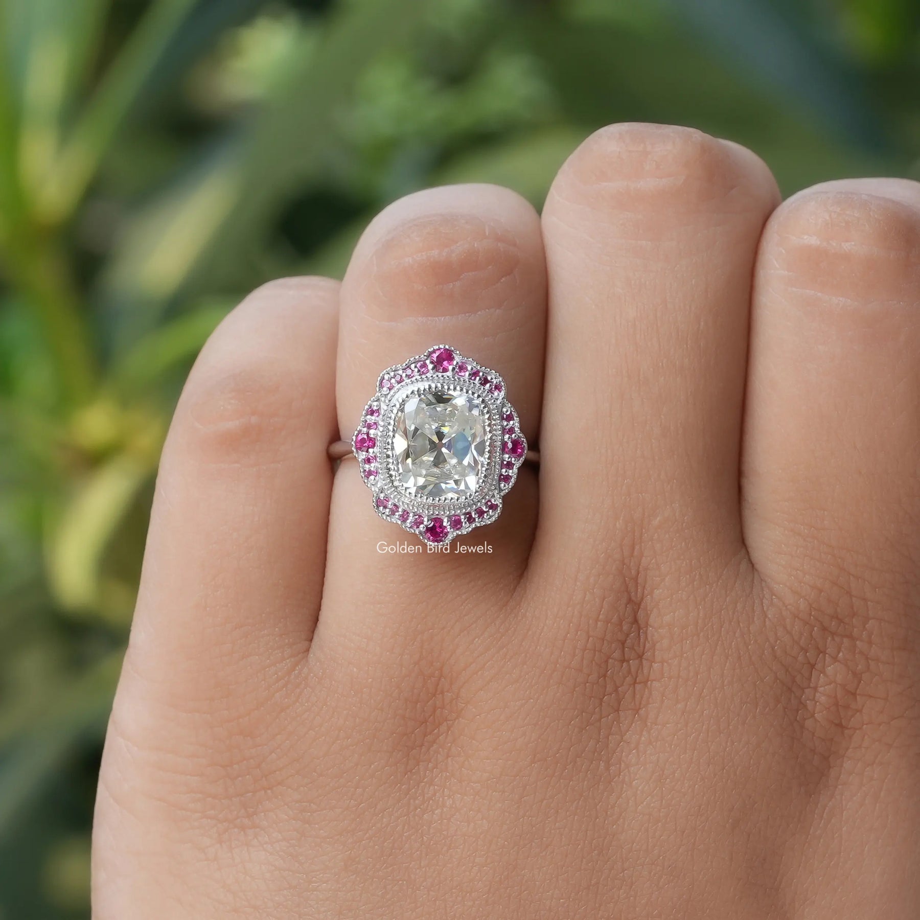 Detailed View Of Old Mine Cushion With Red Round Cut Moissanite Ring In White Gold
